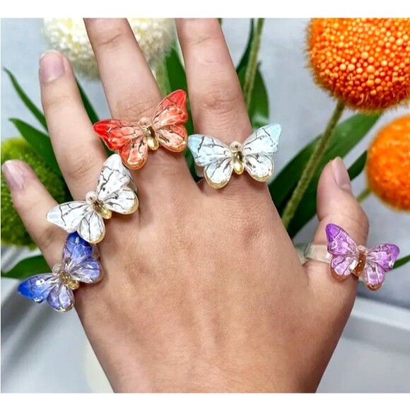 2 Rings Black Tipped Butterfly & Black Bow Resin Ring - Picture 3 of 10